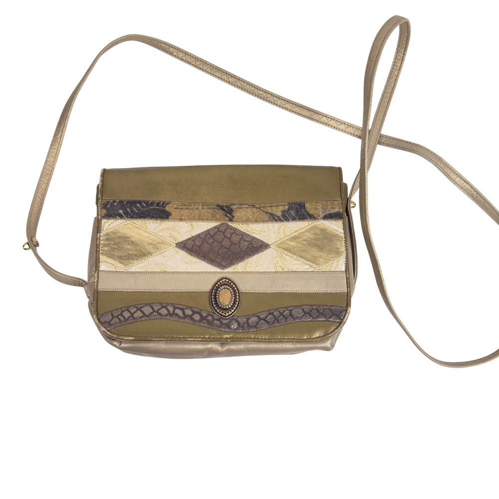 Sharif Vintage 80s Patchwork Leather Crossbody Bag Gold Olive Made in USA
